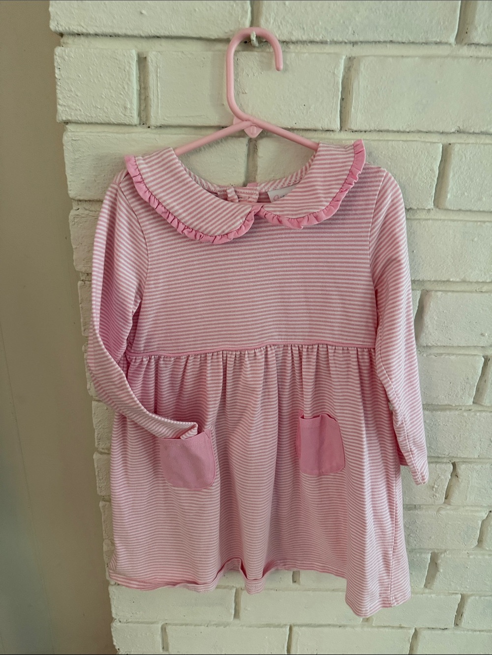 Toddler Pink Striped Long-Sleeve Dress with Ruffle Collar